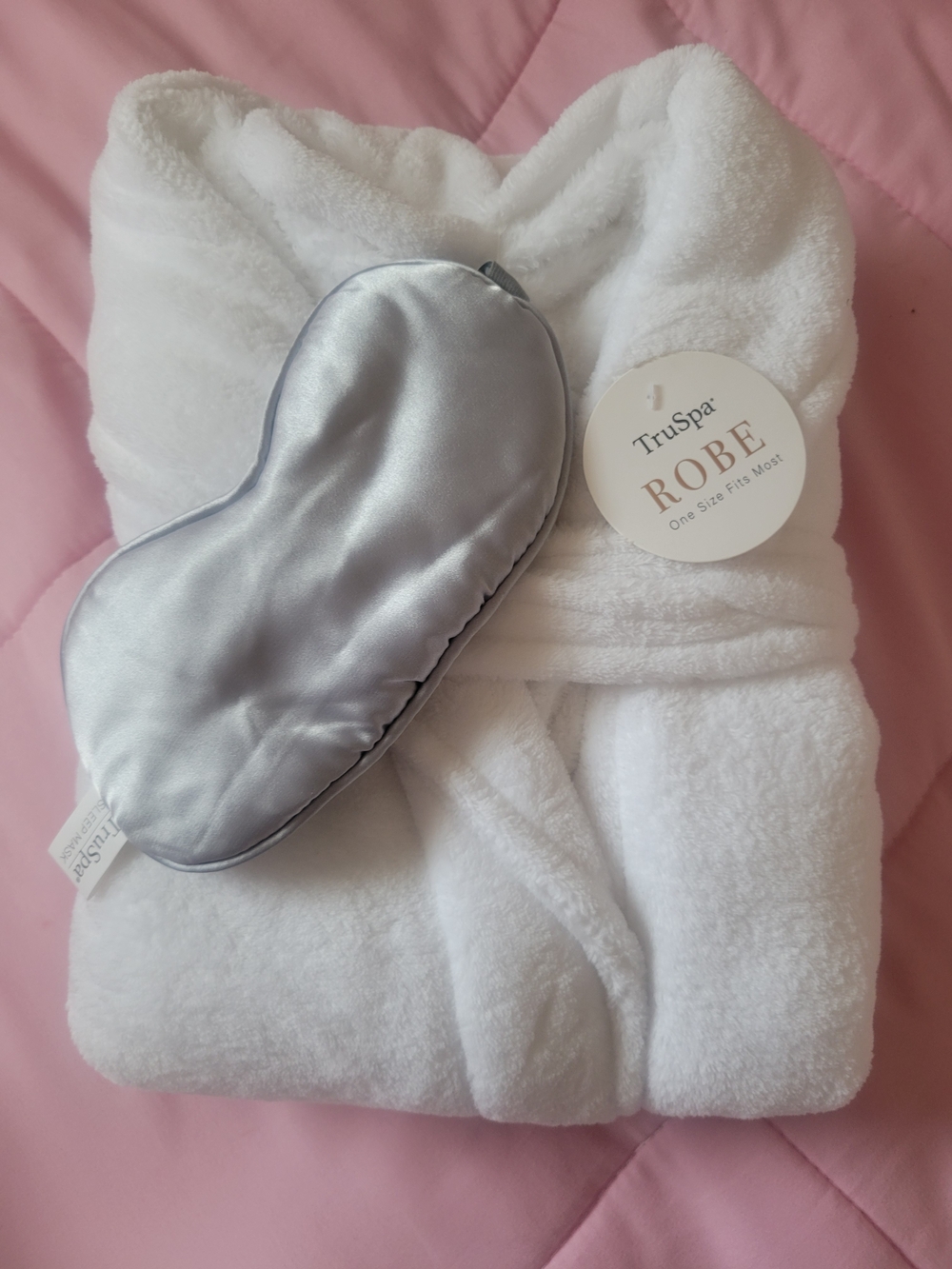 TruSpa White Plush Robe with Silver Sleep Mask